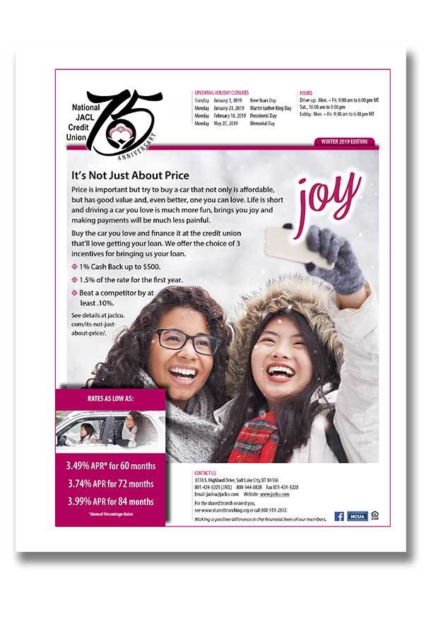 2 page, color, quarterly newsletter for National JACL Credit Union